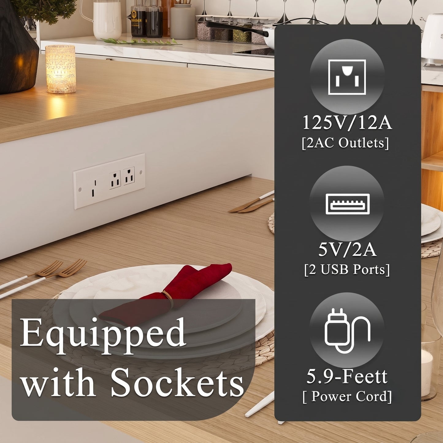 80-Inch Expandable Kitchen Island with Power Station & Dining Table