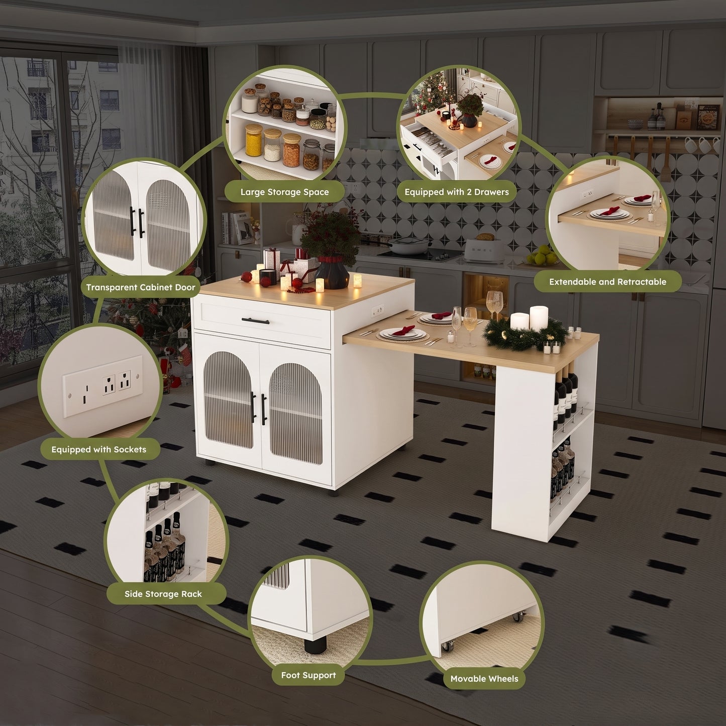 80-Inch Expandable Kitchen Island with Power Station & Dining Table