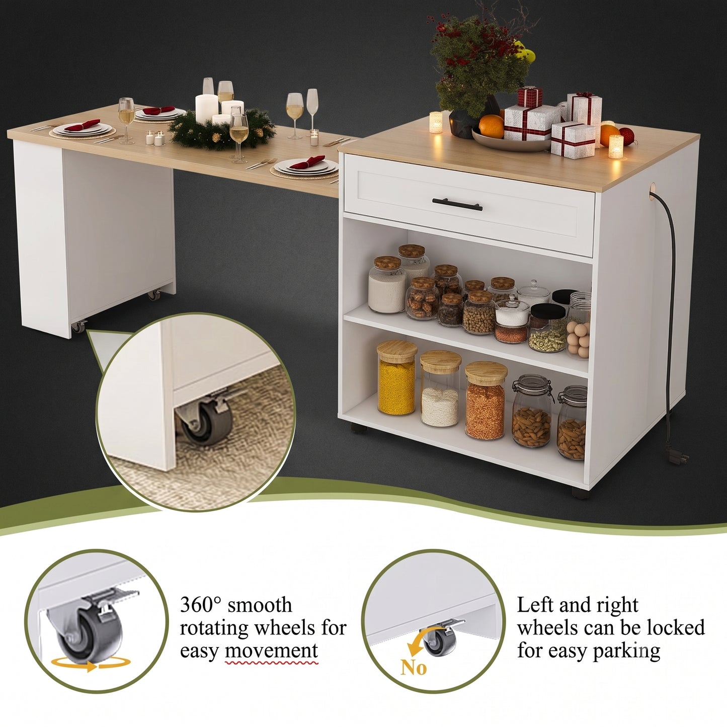 80-Inch Expandable Kitchen Island with Power Station & Dining Table