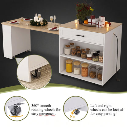 80-Inch Expandable Kitchen Island with Power Station & Dining Table