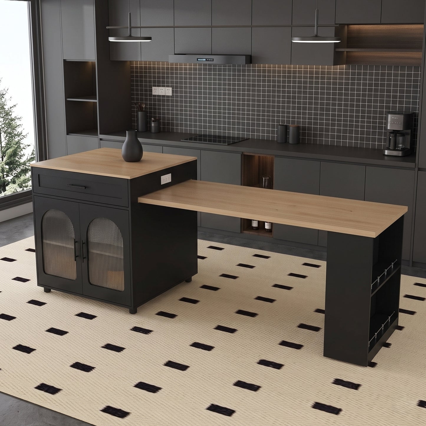 80-Inch Expandable Kitchen Island with Power Station & Dining Table