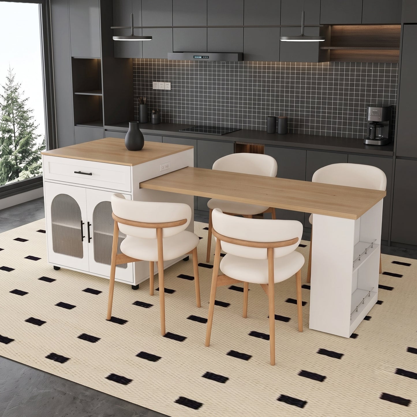 80-Inch Expandable Kitchen Island with Power Station & Dining Table