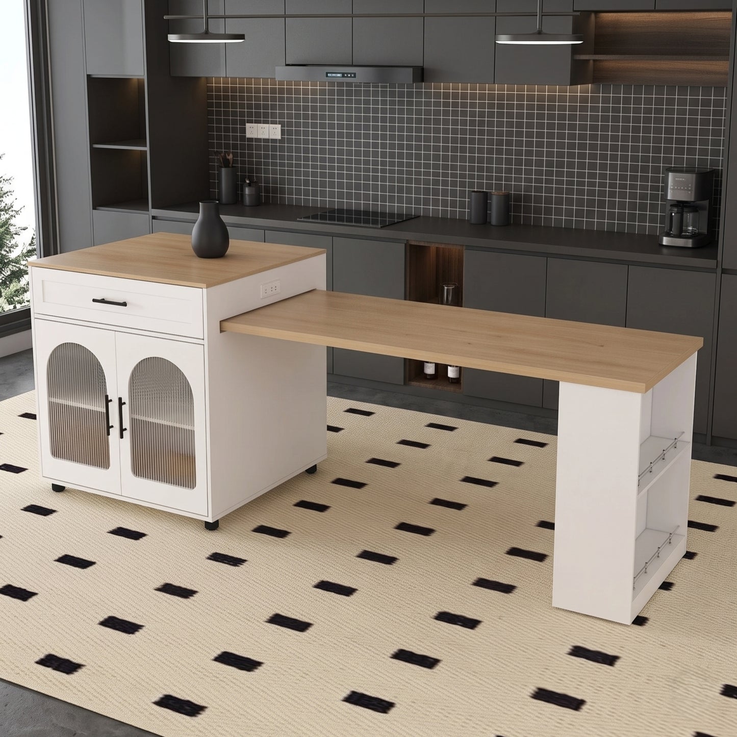 80-Inch Expandable Kitchen Island with Power Station & Dining Table