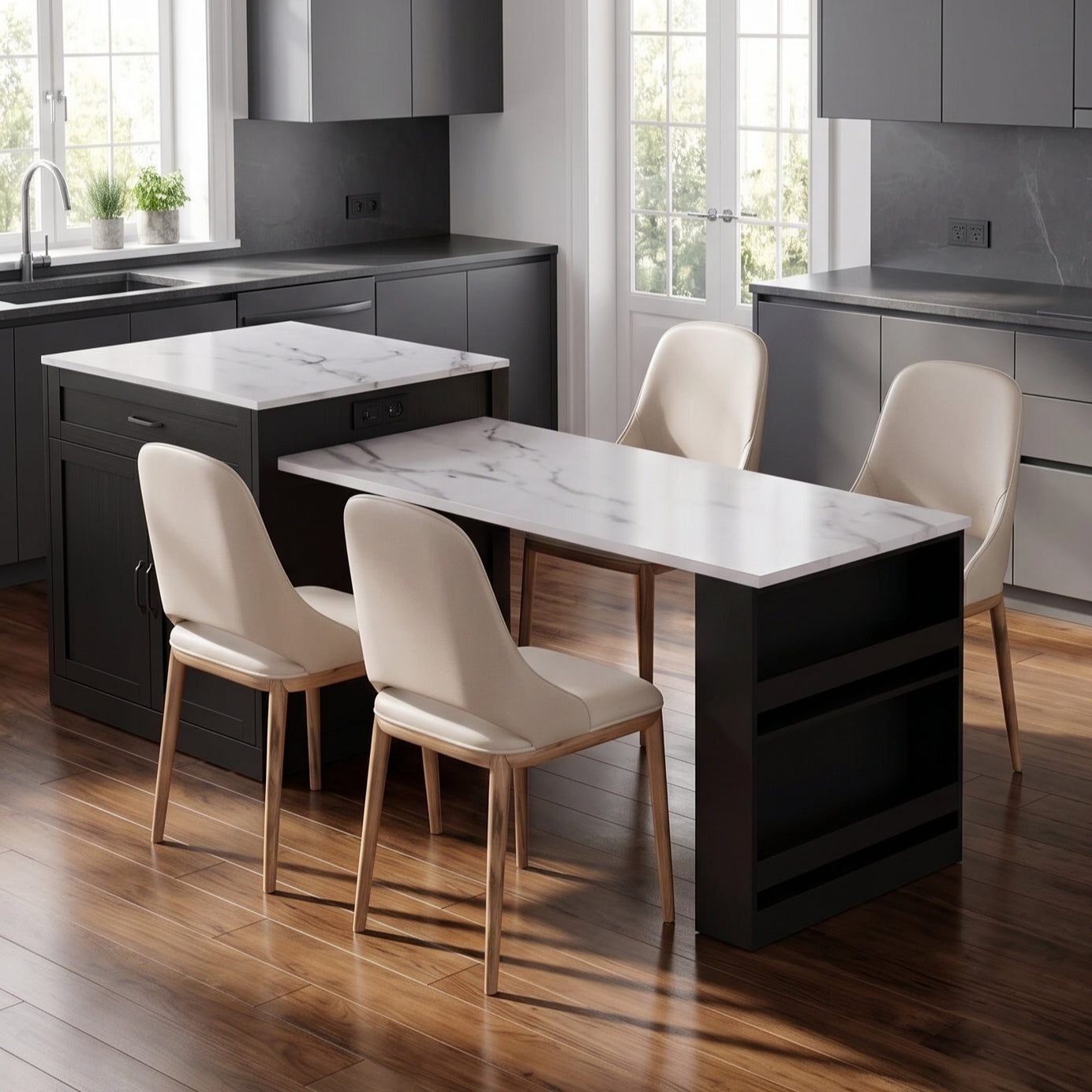 82-Inch Modern Kitchen Island with Extendable Dining Table & Power Outlet