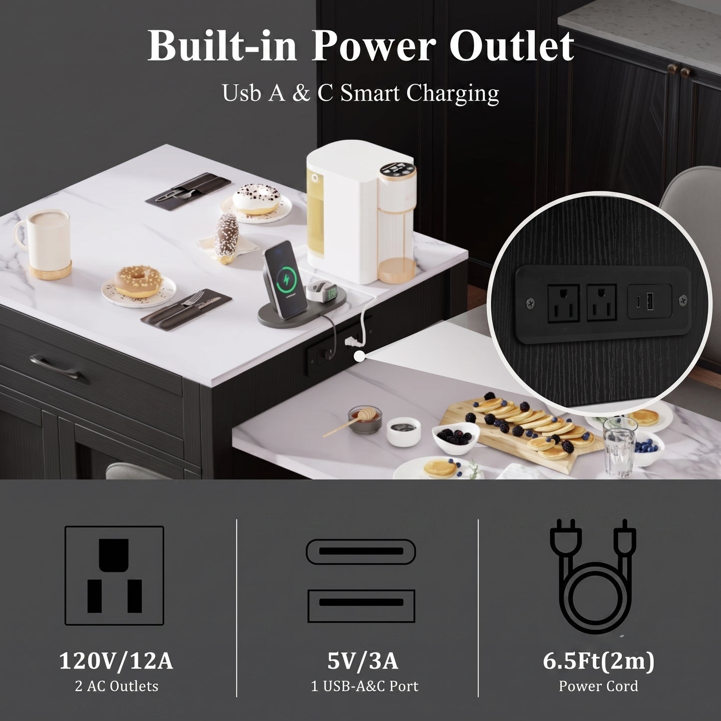82-Inch Modern Kitchen Island with Extendable Dining Table & Power Outlet