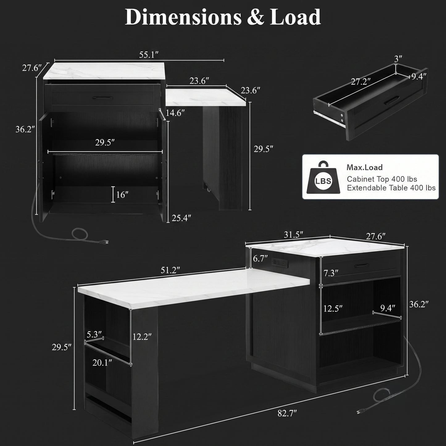 82-Inch Modern Kitchen Island with Extendable Dining Table & Power Outlet
