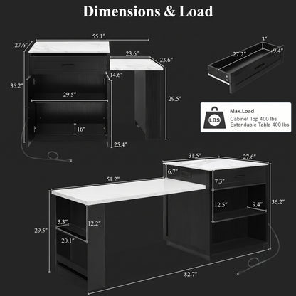 82-Inch Modern Kitchen Island with Extendable Dining Table & Power Outlet