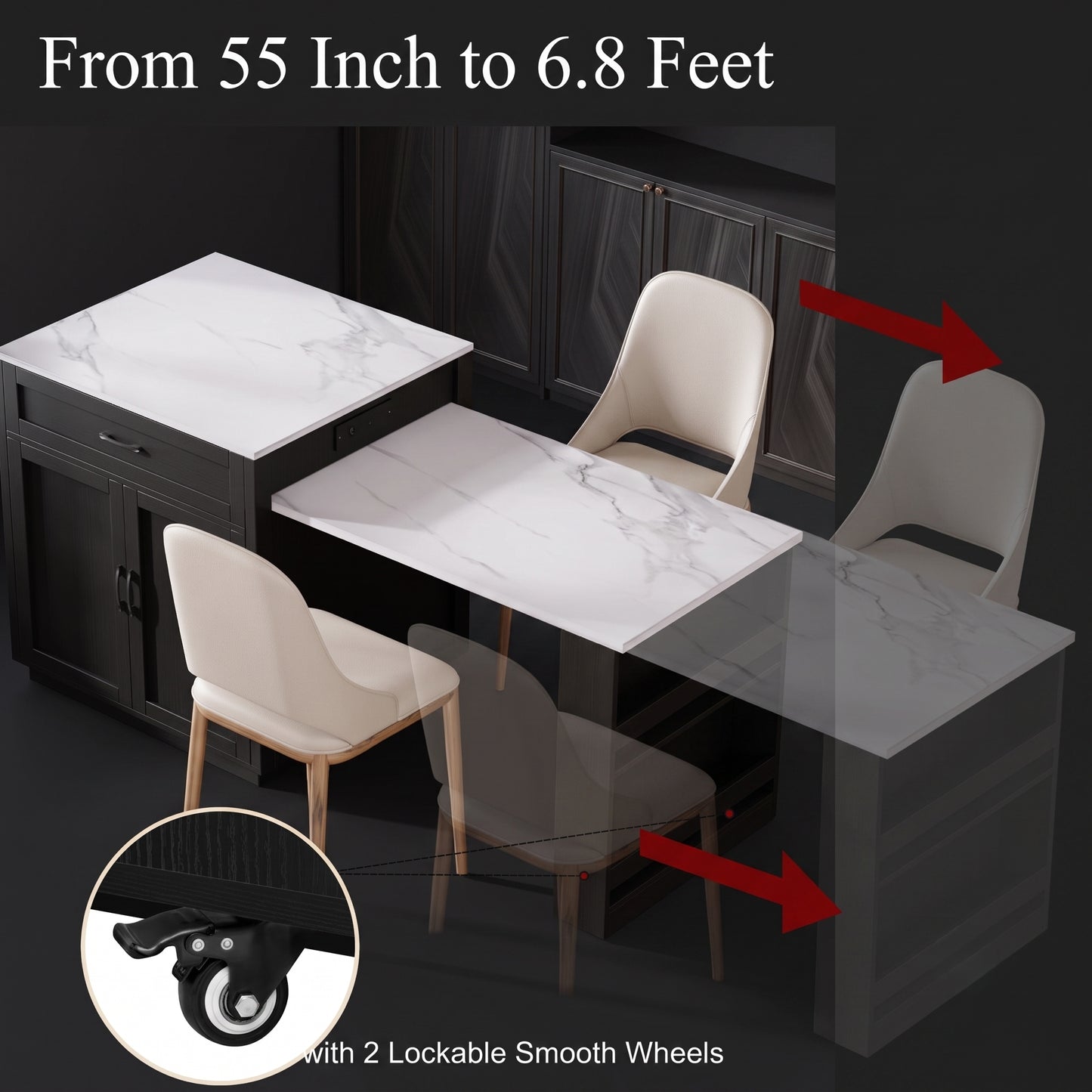 82-Inch Modern Kitchen Island with Extendable Dining Table & Power Outlet