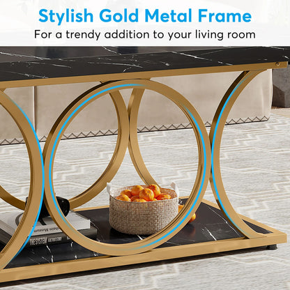 47-Inch Modern Faux Marble Coffee Table with Gold Metal Legs