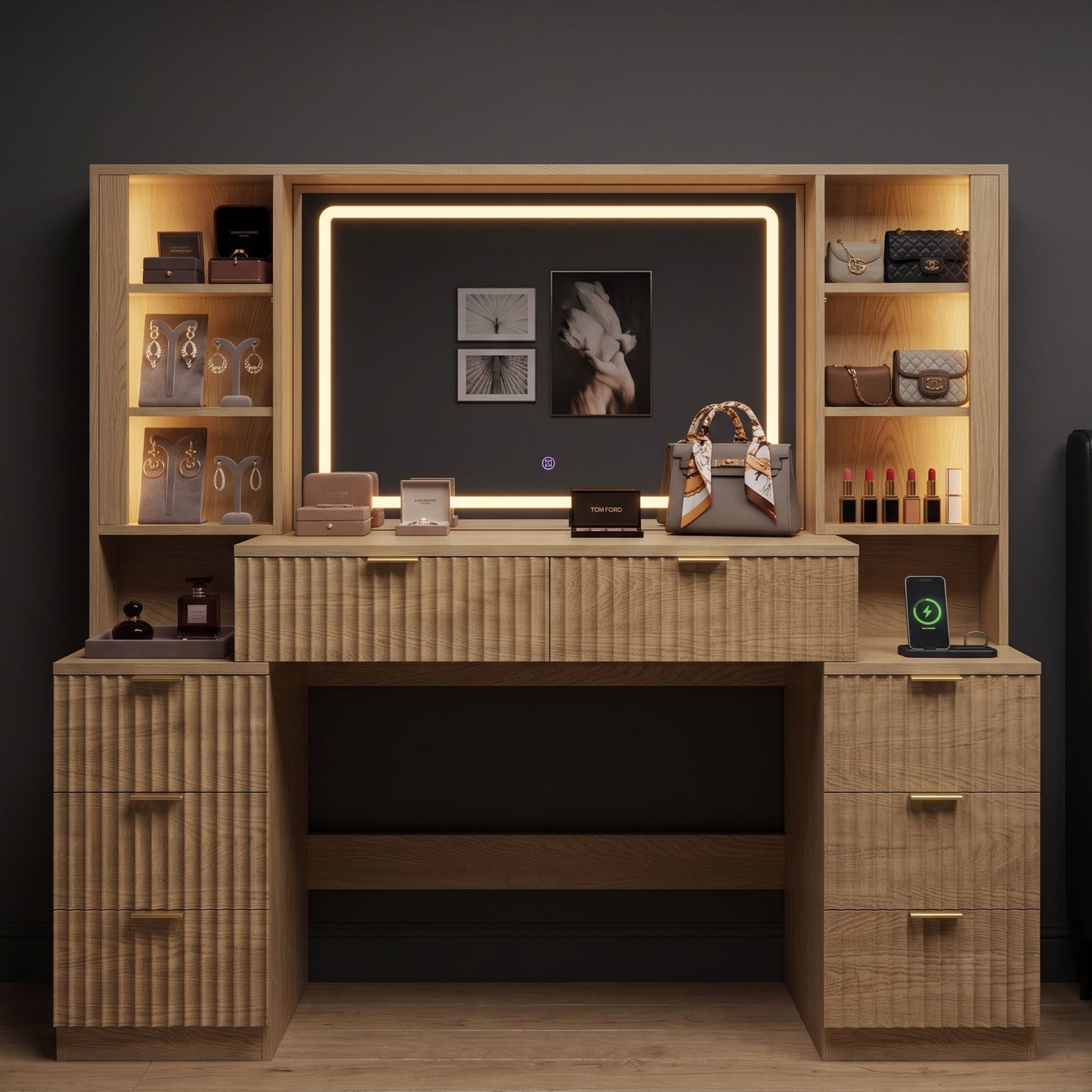 Large Modern Fluted Oak Dressing Table