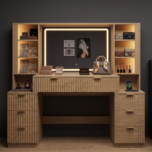 Large Modern Fluted Oak Dressing Table