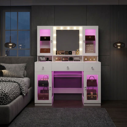 Makeup Vanity Desk with Mirror and RGB Lights, White Glass Top Vanity with Power Outlet & 4 Lighted Cabinets