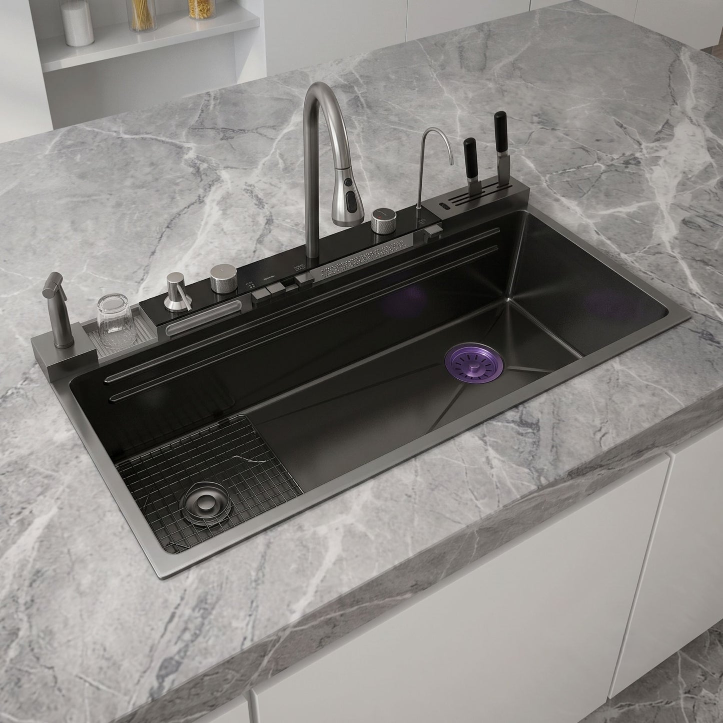 Multifunctional Stainless Steel Kitchen Sink with Waterfall Faucet & Digital Display