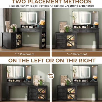 A 4-panel comparison graphic showing a black vanity table from two placement angles: 'L' Placement', ' Placement', 'ON THE LEFT OR ON THR RIGHT', and a left-right arrow between the two options. The image includes large explanatory text about flexible vanity table placement methods.
