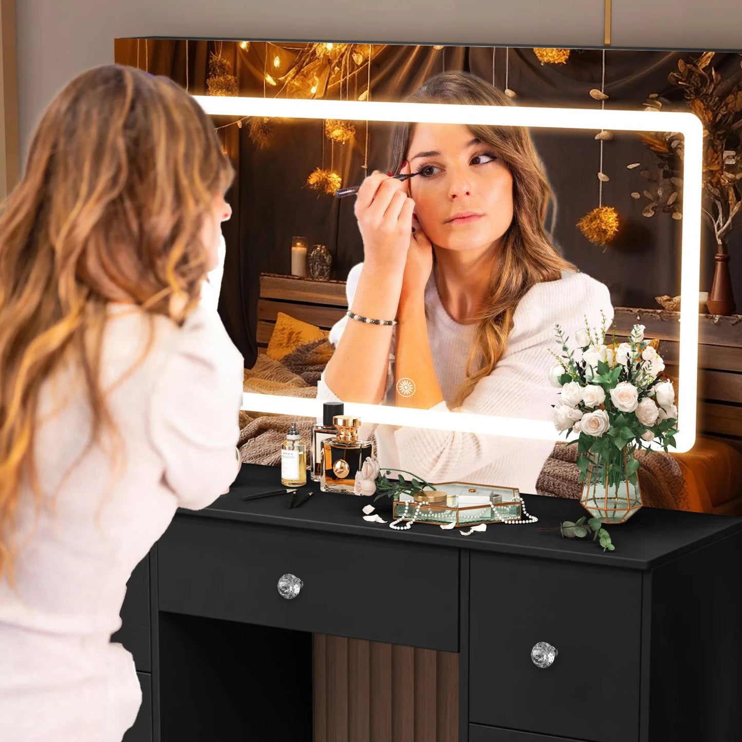 Large Black 7-Drawer Vanity Dressing Table