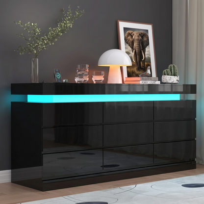 Minimalist 9 Drawer Dresser with LED Lights & Charging Station