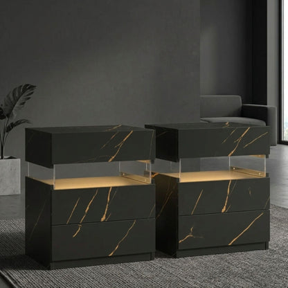 Modern 2-Set Nightstands with Integrated LED Lighting & Floating Shelf Design