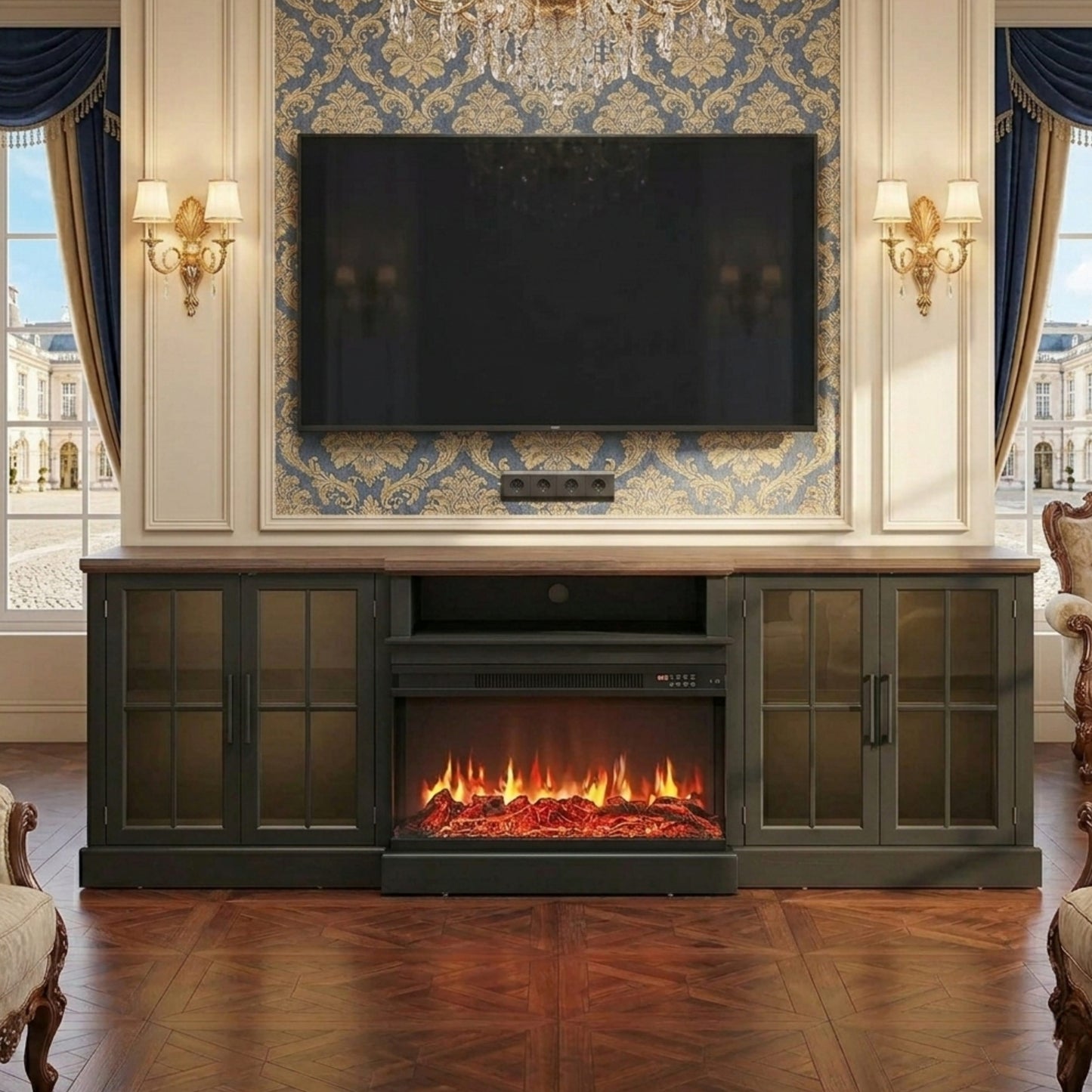 Contemporary Farmhouse TV Stand with Glass Doors & LED Lights
