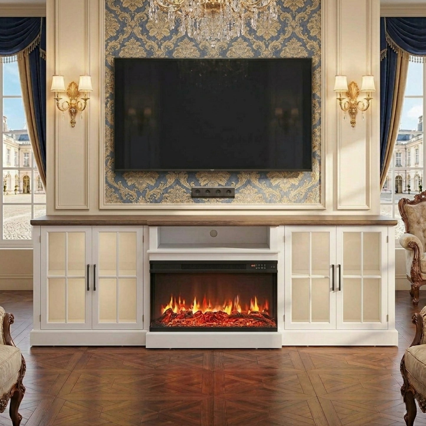 Contemporary Farmhouse TV Stand with Glass Doors & LED Lights