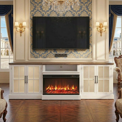 Contemporary Farmhouse TV Stand with Glass Doors & LED Lights