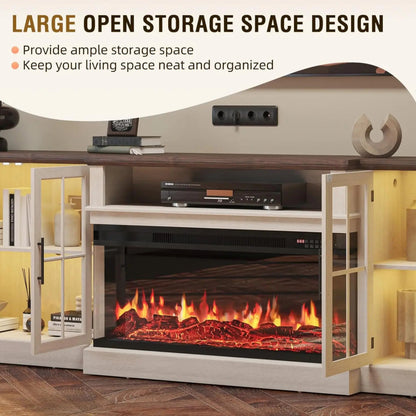 Contemporary Farmhouse TV Stand with Glass Doors & LED Lights