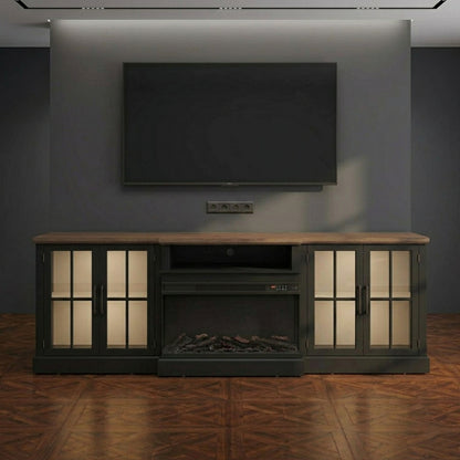 Contemporary Farmhouse TV Stand with Glass Doors & LED Lights