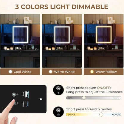 A product infographic showing a rectangular LED vanity mirror light in three color modes: Cool White, Warm White, and Warm Yellow, each displayed in a bathroom setting. Below the comparison panels, a hand presses a touch control panel, and text explains how to turn the light on/off, adjust brightness, and switch modes.