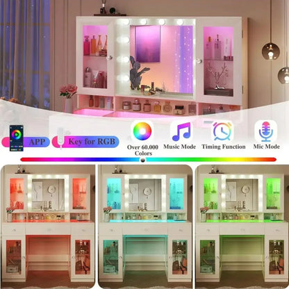 Makeup Vanity Desk with Mirror and RGB Lights, White Glass Top Vanity with Power Outlet & 4 Lighted Cabinets
