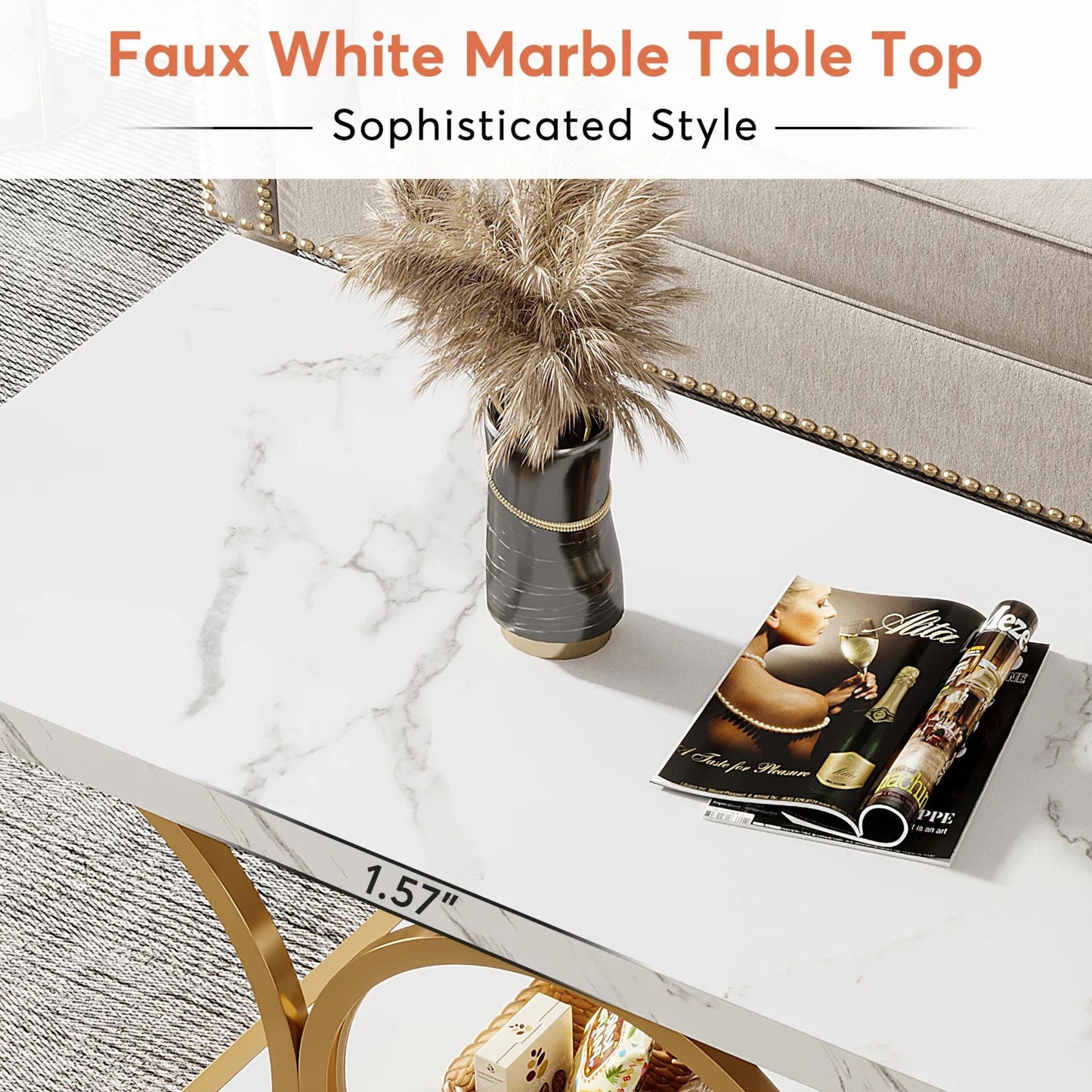 47-Inch Modern Faux Marble Coffee Table with Gold Metal Legs
