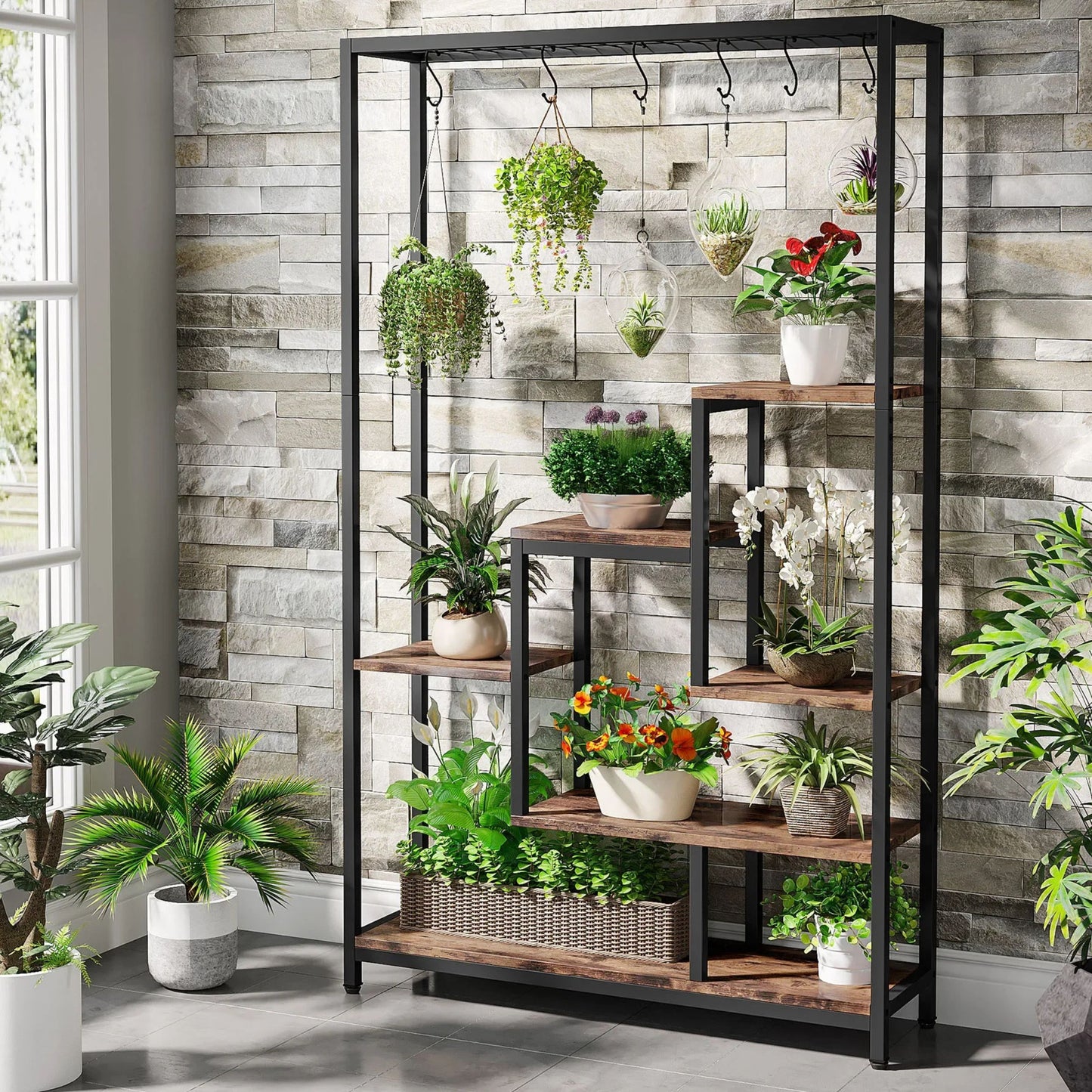 5-Tier Tall Metal Multi-Functional Display Shelf With Hanging Hooks