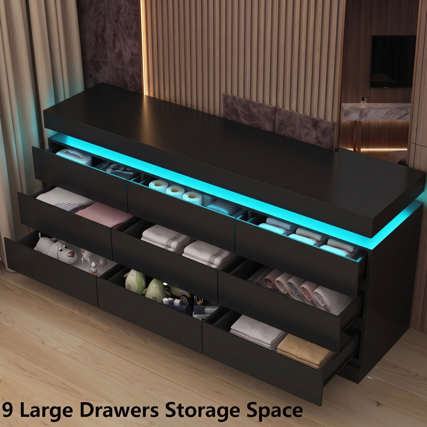 Minimalist 9 Drawer Dresser with LED Lights & Charging Station