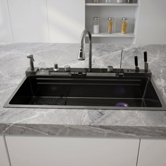 Multifunctional Stainless Steel Kitchen Sink with Waterfall Faucet & Digital Display