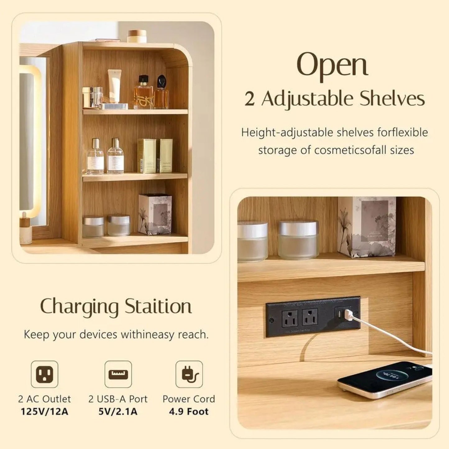Minimalist Wooden Vanity Desk with Lighted LED Mirror & Charging Station