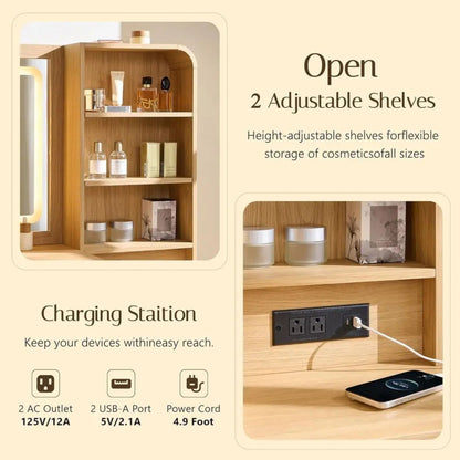 Minimalist Wooden Vanity Desk with Lighted LED Mirror & Charging Station