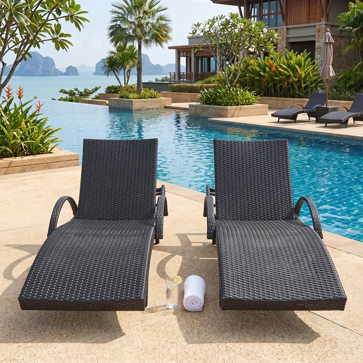 All-Weather Wicker Outdoor Lounge Chaise (Set of 2) with Pull-Out Side Tables