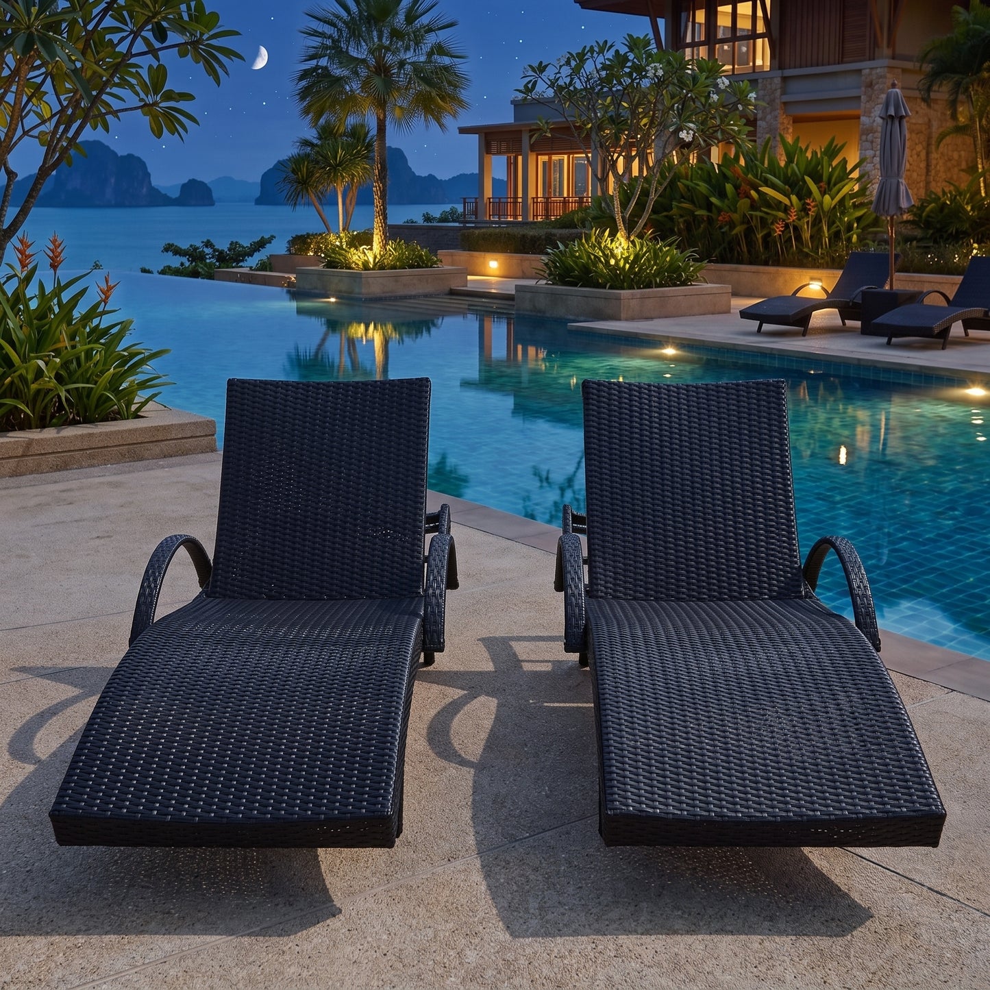 All-Weather Wicker Outdoor Lounge Chaise (Set of 2) with Pull-Out Side Tables
