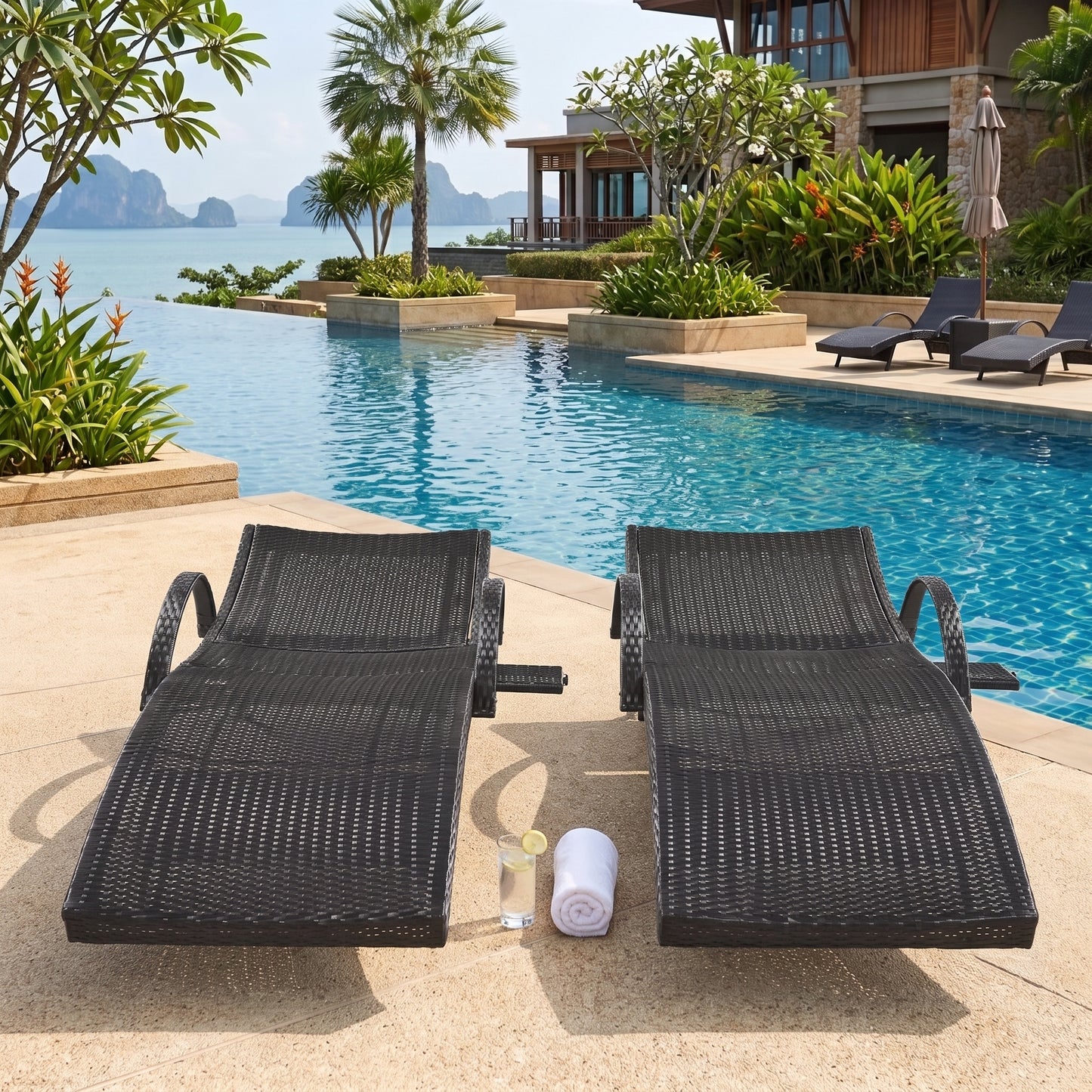 All-Weather Wicker Outdoor Lounge Chaise (Set of 2) with Pull-Out Side Tables