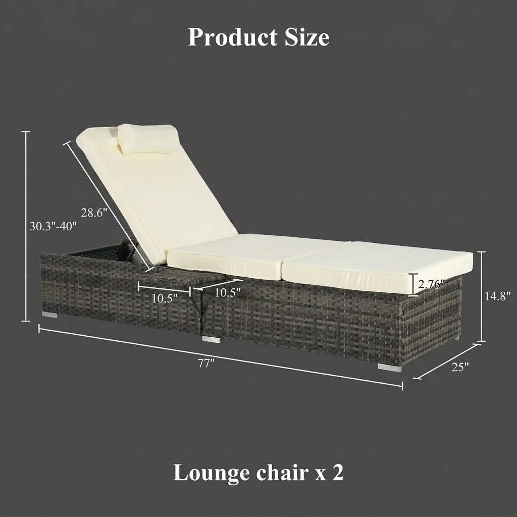 Outdoor Chaise Lounge Chairs (Set of 2) with Side Table & Washable Cushions