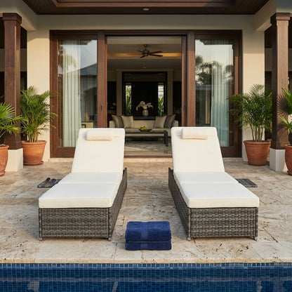 Outdoor Chaise Lounge Chairs (Set of 2) with Side Table & Washable Cushions