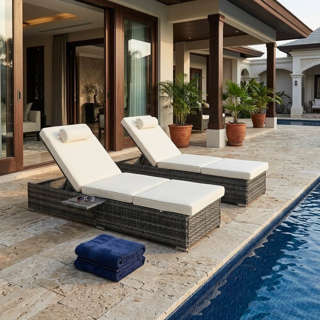 Outdoor Chaise Lounge Chairs (Set of 2) with Side Table & Washable Cushions