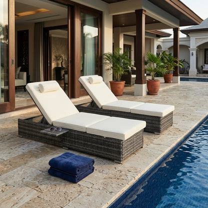 Outdoor Chaise Lounge Chairs (Set of 2) with Side Table & Washable Cushions
