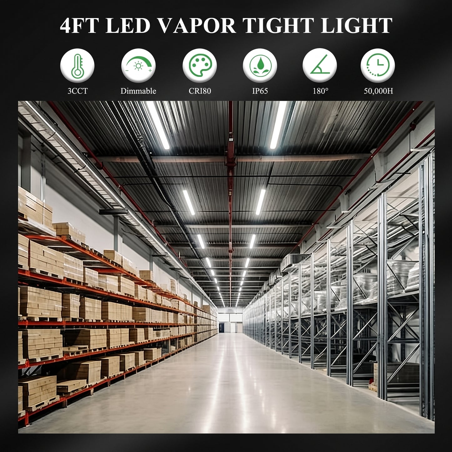 4FT LED Vapor Tight Light Fixture | IP65 Waterproof, 3CCT Tunable & Dimmable