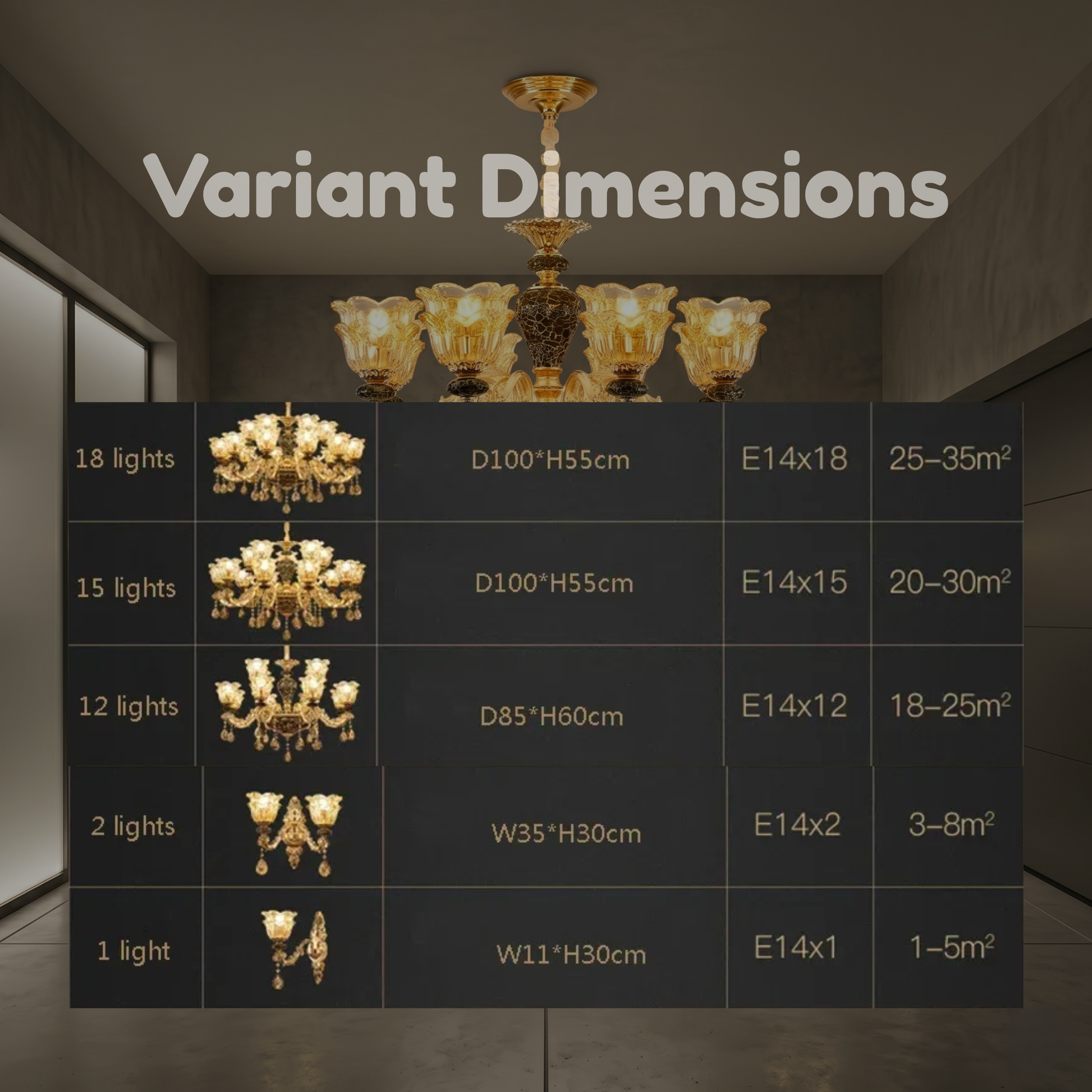 Chandelier with dimensions and specifications displayed on a dark background