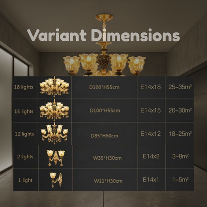 Chandelier with dimensions and specifications displayed on a dark background