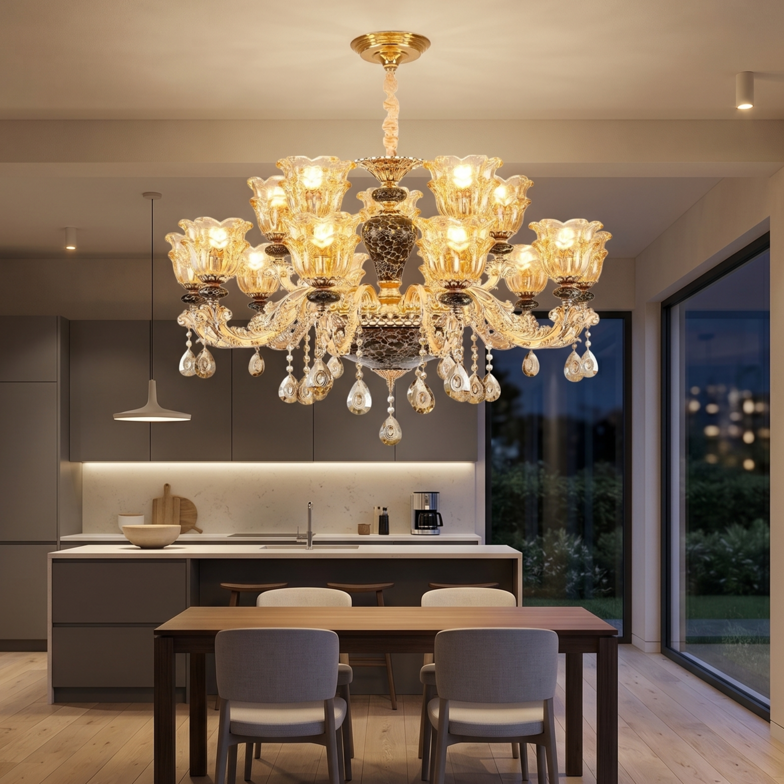 Luxurious chandelier hanging above a dining table in a modern kitchen.