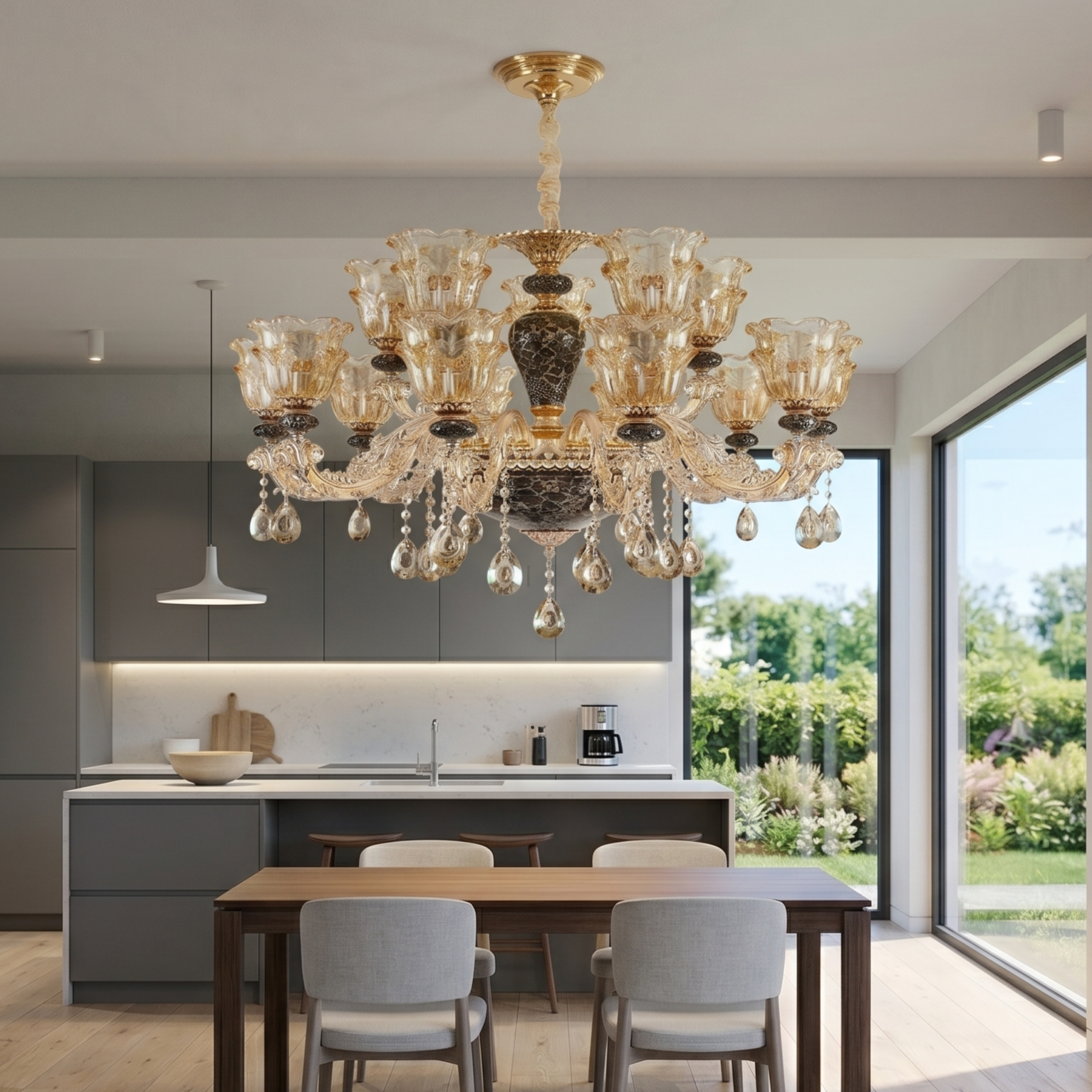Luxurious chandelier hanging in a modern kitchen with a dining table and chairs.