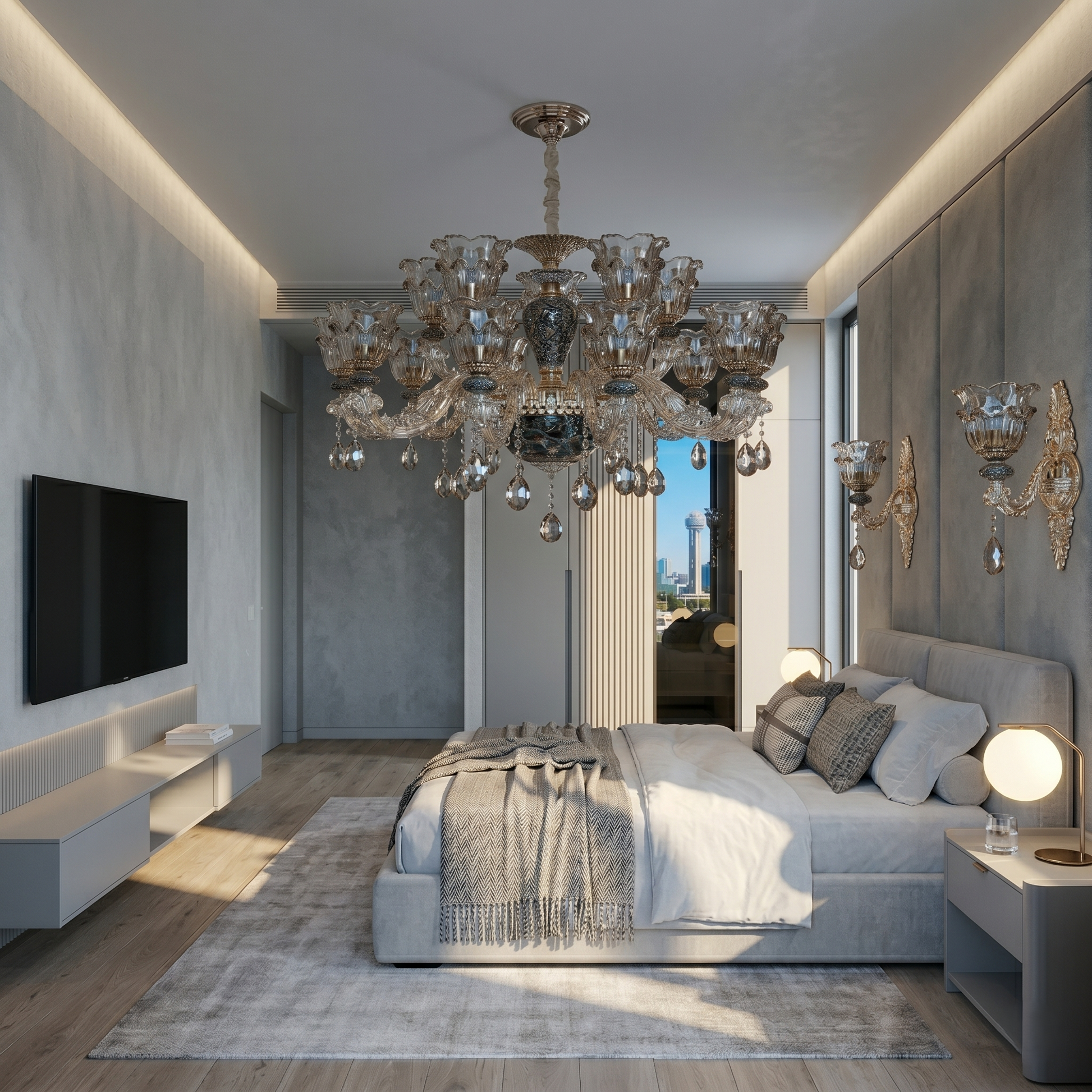Luxurious bedroom with a chandelier, bed, and city view