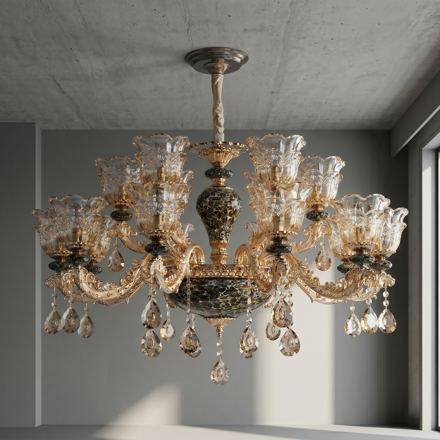 Decorative chandelier with crystal elements in a room with concrete ceiling.