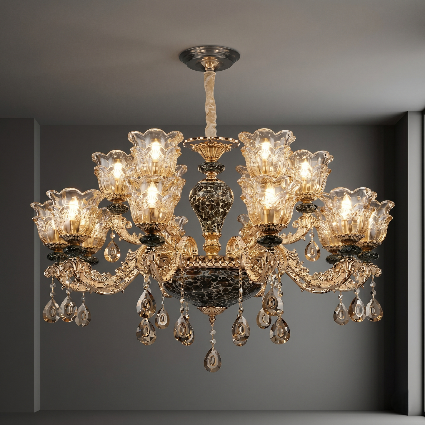 Decorative chandelier with crystal elements on a dark background