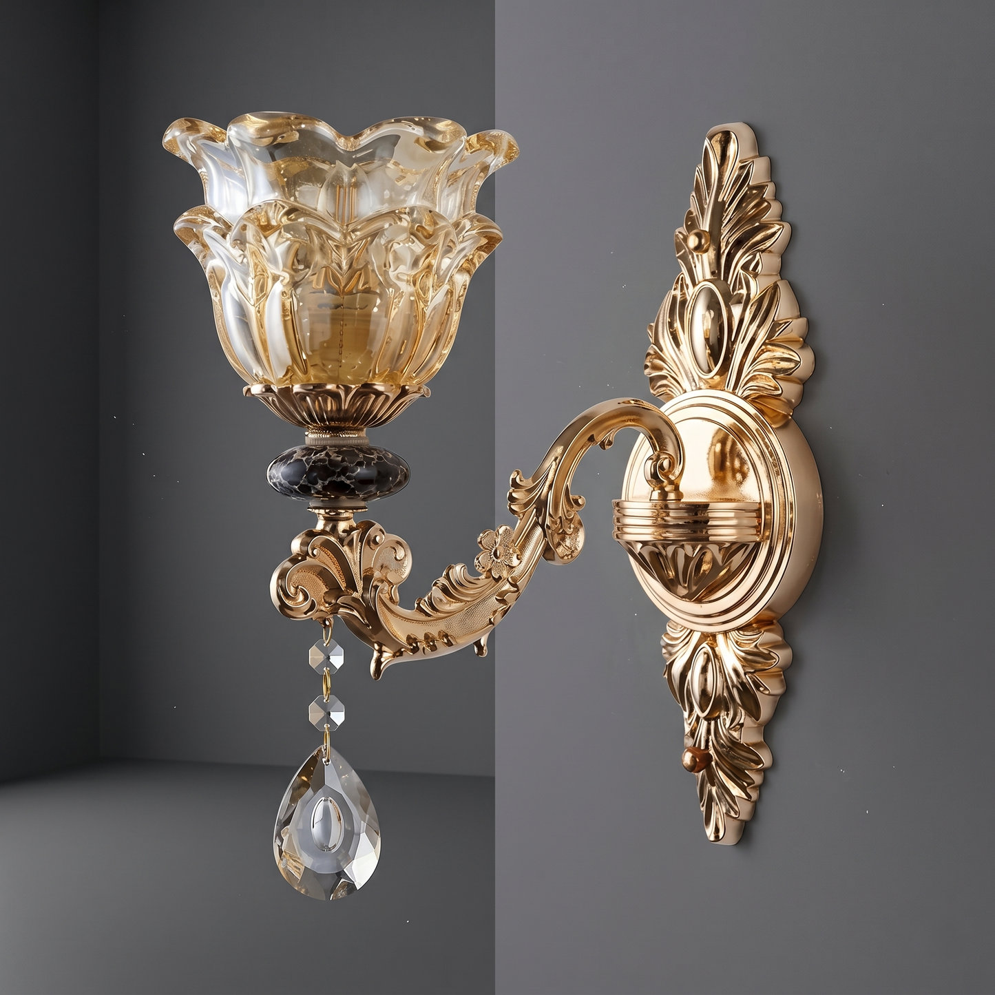 Decorative wall sconce with gold finish and crystal details on a gray background